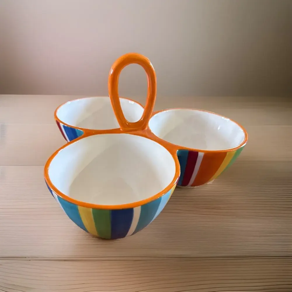 Crate & Barrel Raya Carnivale Stripe Serving Set Oval Bowl 3 Section Condiment